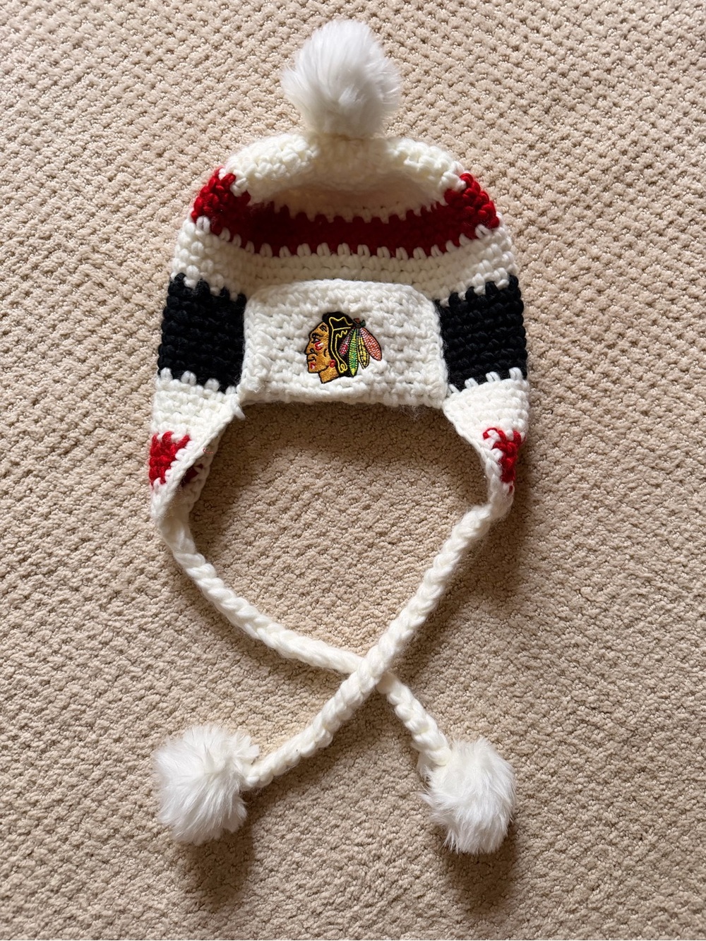 Chicago Blackhawks adult White Knit Pom Pom Earflap Hat